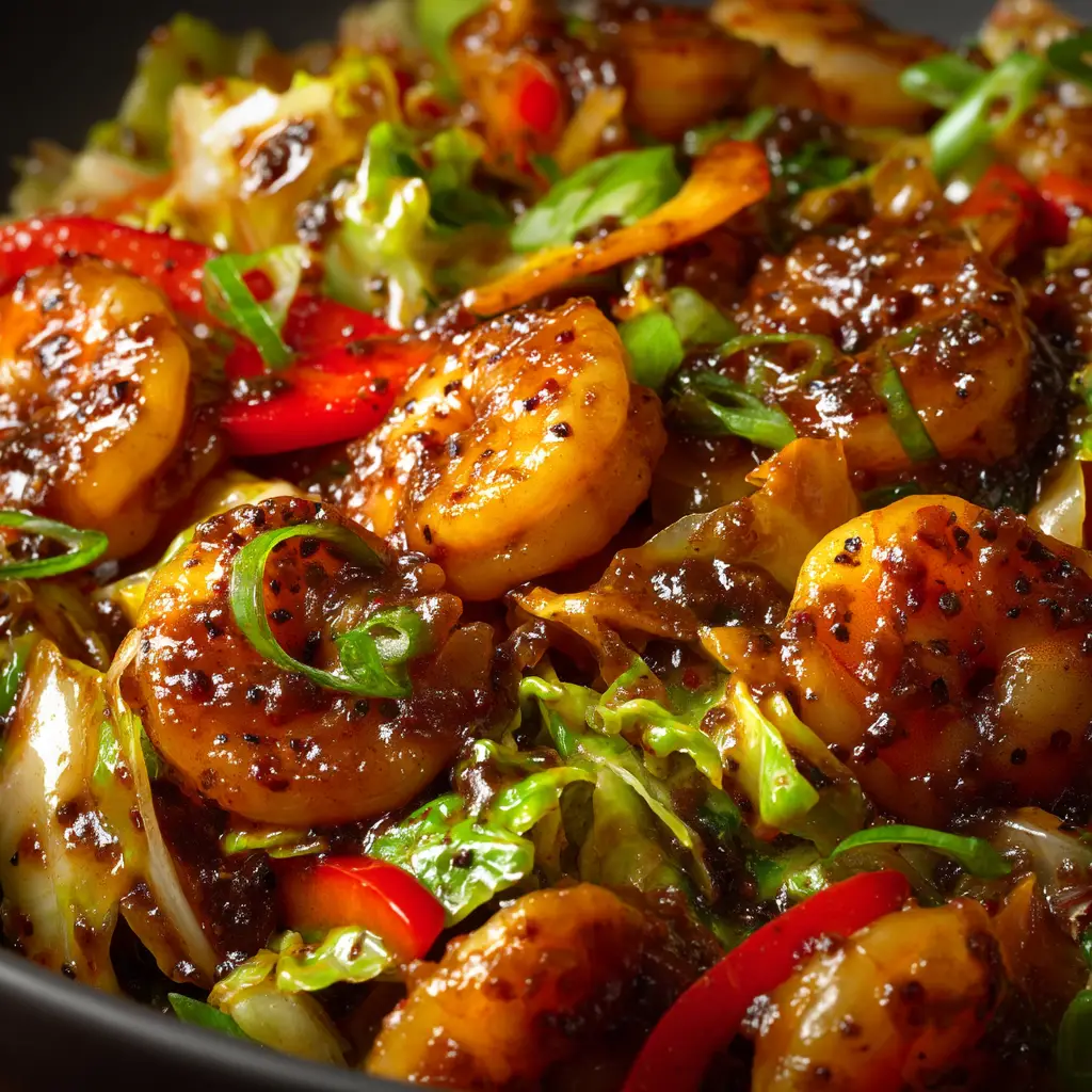 A spoonful of the healthy cabbage stir fry with shrimp being lifted from a bowl, ready to be eaten.