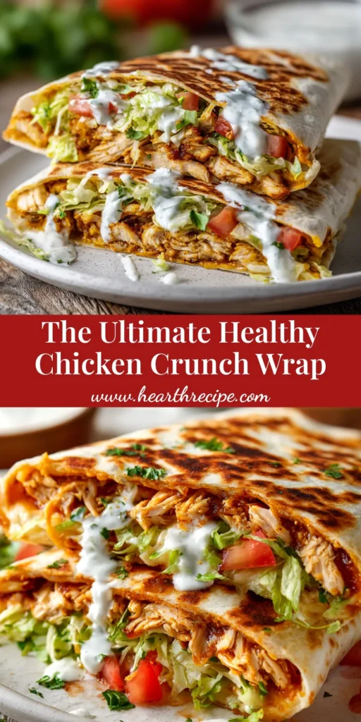 A golden-brown Healthy Chicken Crunch Wrap cut in half to show the delicious layers of chicken, lettuce, tomato, and cheese inside.