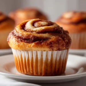 A close-up macro shot of a single healthy cinnamon roll muffin, showcasing the fluffy texture and the rich cinnamon swirl.