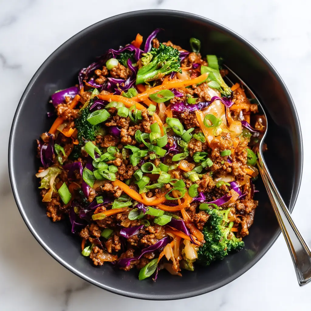 A close-up of a serving of the healthy crack slaw recipe in a bowl, highlighting the texture of the ingredients and fresh garnish.