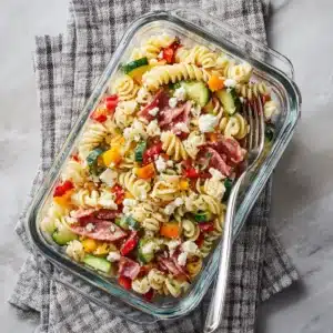 An overhead shot of a vibrant and healthy pasta salad in a serving bowl, highlighting the fresh vegetables and grilled chicken.