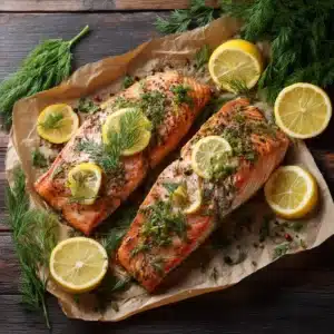 Two large baked salmon fillets on parchment paper, seasoned with dill and topped with lemon slices before going into the oven.