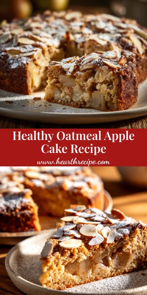 A slice of healthy oatmeal apple cake on a white plate, showcasing the moist texture and chunks of apple. The perfect wholesome dessert or breakfast treat.