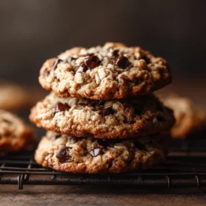 A detailed close-up of healthy cookies, showing the chewy texture of the rolled oats and melted dark chocolate chips.