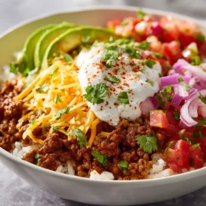 A close-up shot of a healthy taco bowl with perfectly seasoned ground beef, fresh lettuce, and cherry tomatoes in a white bowl.