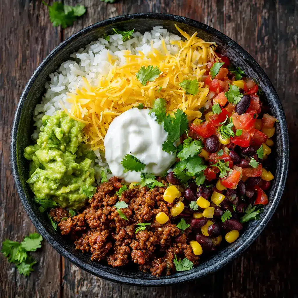 Another angle of the easy taco bowl recipe, highlighting the colorful array of toppings like cherry tomatoes, avocado, and red onion.