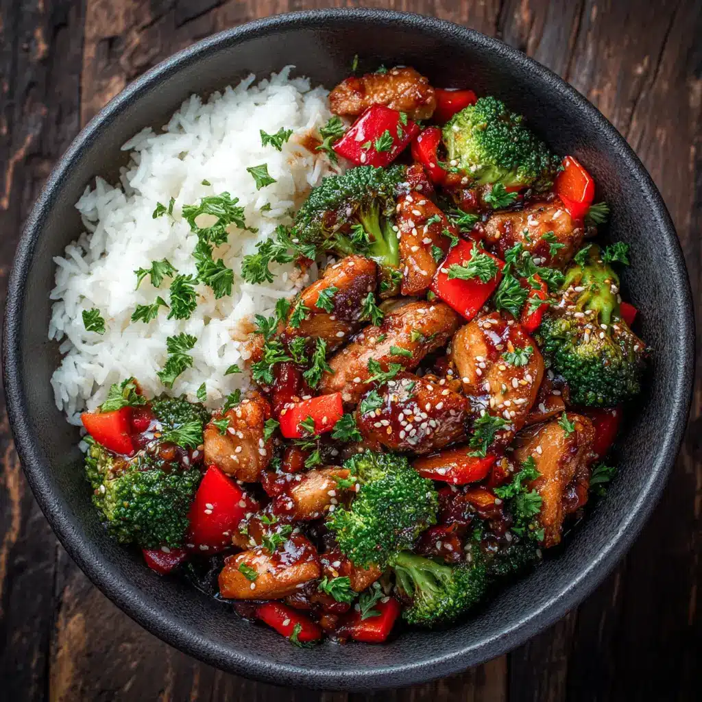A beautiful final plate of the Teriyaki Chicken Stir Fry served over white rice and topped with green onions.