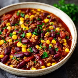 An overhead shot of hearty crockpot cowboy beans in a large white bowl, ready to be served.