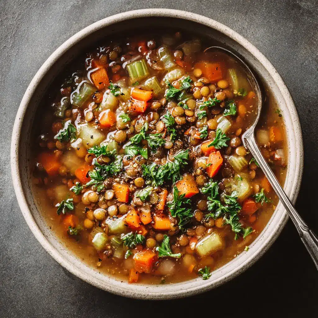 A close-up shot of the best lentil soup recipe simmering in a pot. The rich colors of the tomatoes and herbs are vibrant and appetizing.