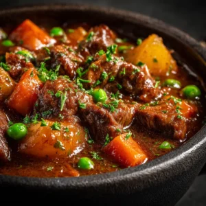 An extreme close-up of the tender beef and vegetables in the hearty Mediterranean beef stew, highlighting the texture of the dish.