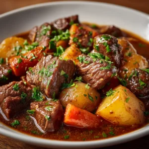 An extreme close-up of hearty beef stew, showing the rich texture of the slow-cooked beef and gravy. This photo showcases a perfect slow cooker beef stew.
