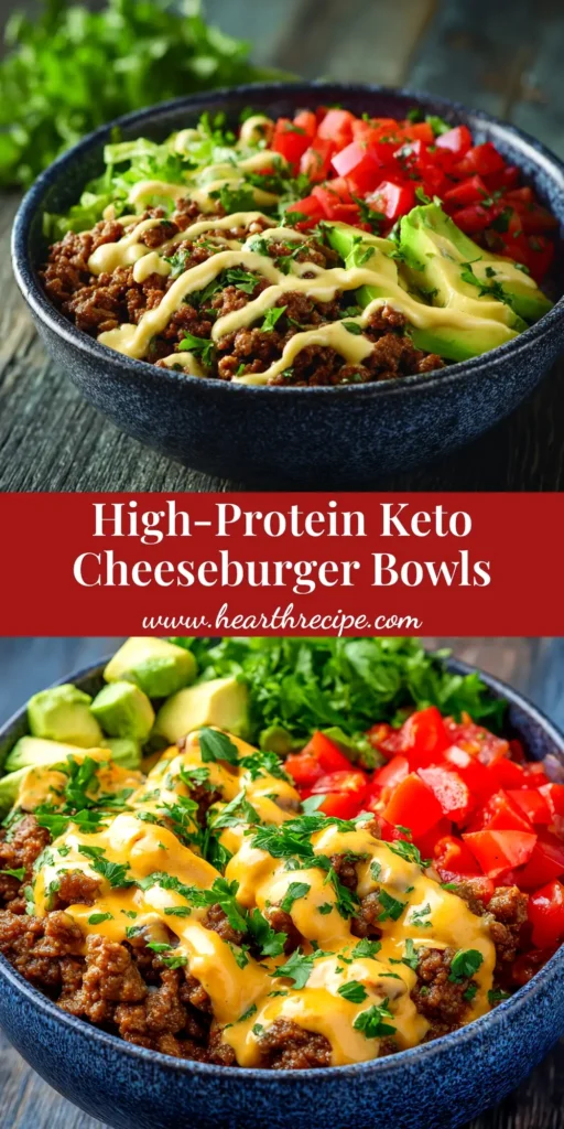A vibrant High-Protein Cheeseburger Bowl recipe, perfect for a healthy dinner. The bowl is filled with seasoned ground beef, fresh lettuce, tomatoes, onions, and drizzled with a creamy special sauce.