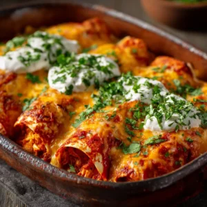 A beautiful baking dish of healthy chicken enchiladas fresh from the oven, topped with melted golden cheese and fresh cilantro.