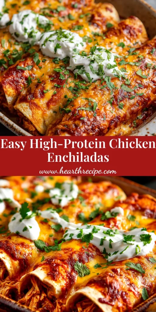 A shareable pin image of High Protein Chicken Enchiladas, showing a baking dish filled with cheesy enchiladas and text overlay with the recipe title.