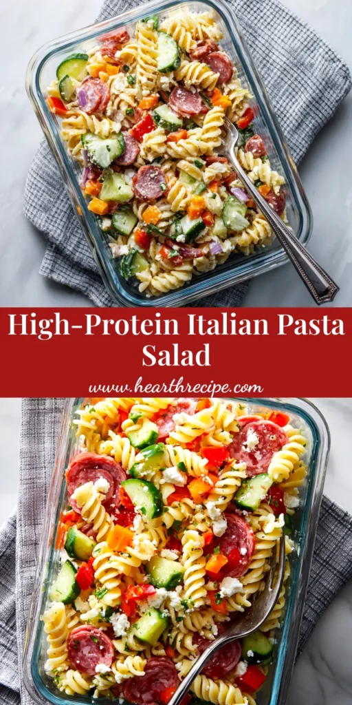 A large white bowl filled with High-Protein Italian Pasta Salad, showcasing colorful ingredients like pasta, chicken, tomatoes, and mozzarella. A fork rests on the side.