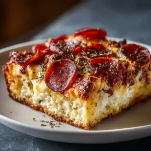 A close-up high-angle shot of a square slice of the Cottage Cheese Pizza Bake, showing the layers of cheese, sauce, and the baked cottage cheese crust.