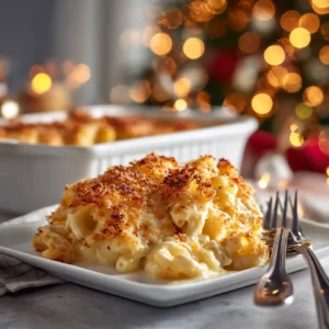 A casserole dish filled with homemade baked macaroni and cheese, fresh from the oven with a bubbly cheese sauce and crispy topping.
