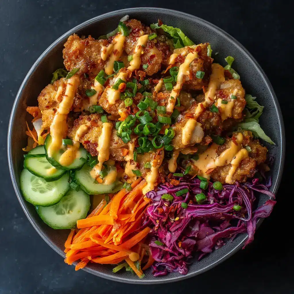 An overhead shot of a homemade bang bang chicken bowl with all the fixings. The crispy chicken is tossed in the signature spicy sauce and ready to be eaten.