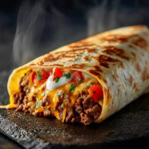 A detailed close-up shot of the inside of a homemade beefy melt burrito, highlighting the seasoned ground beef and melted nacho cheese sauce.