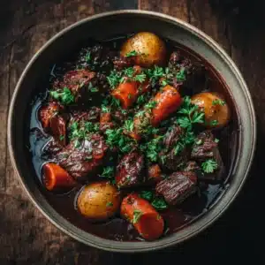 An overhead close-up shot of a rustic bowl filled with homemade Boeuf Bourguignon. The tender beef and rich sauce are clearly visible, garnished with fresh parsley.