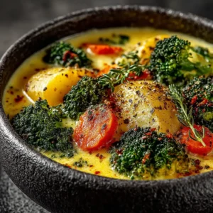 An overhead view of a bowl of homemade broccoli and potato soup, garnished with croutons and a swirl of cream, ready to be served.