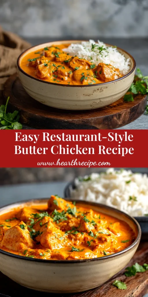 A large bowl of creamy homemade butter chicken, garnished with fresh cilantro and a swirl of cream, ready to be shared. The best easy butter chicken recipe.