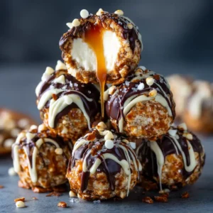 A batch of homemade Salted Caramel Pretzel Cheesecake Balls arranged on a rustic wooden board, ready to be served.