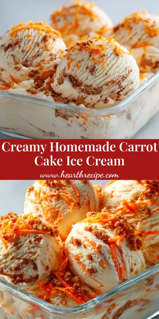 A scoop of homemade Carrot Cake Ice Cream in a bowl, showing the rich texture, cream cheese swirl, and specks of carrot and pecans. The perfect dessert recipe.