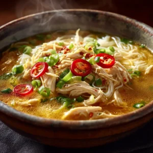 A close-up shot of homemade chicken noodle soup in a rustic bowl, showing the texture of the shredded chicken and sliced carrots.