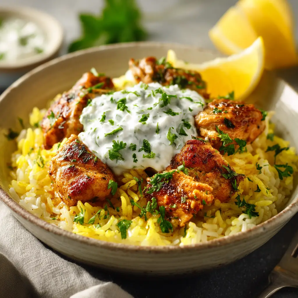 Chicken Tzatziki Rice: A Flavorful Greek-Inspired Bowl 1 A side angle of the finished Chicken Tzatziki Rice, highlighting the layers of rice, chicken, and a generous topping of homemade tzatziki sauce.