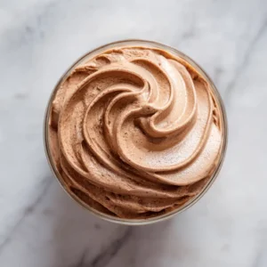 An overhead shot of a glass bowl filled with rich, homemade chocolate mousse filling. The texture is silky and smooth, ready to be used in a cake.