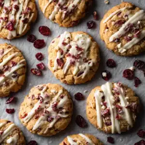 An overhead shot of freshly baked homemade cranberry bliss cookies on a cooling rack before being frosted. The cookies are golden brown and studded with cranberries.