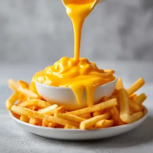 An overhead shot of a white ceramic bowl filled with homemade cheese sauce, with a whisk resting in the bowl.