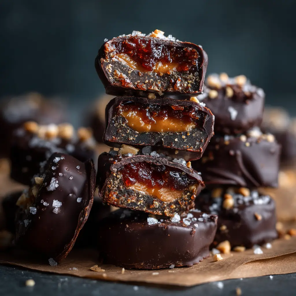 Date Snickers Recipe (The Viral Healthy Treat) 2 A stack of several homemade date snickers, showcasing the glossy dark chocolate coating and sprinkle of sea salt. A healthy no-bake treat.