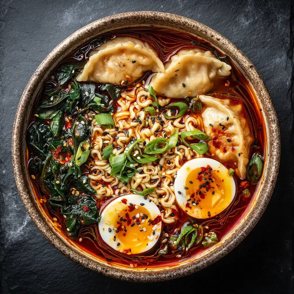 A close-up shot of the finished homemade dumpling ramen, complete with a jammy egg, fresh green onions, and plump dumplings.