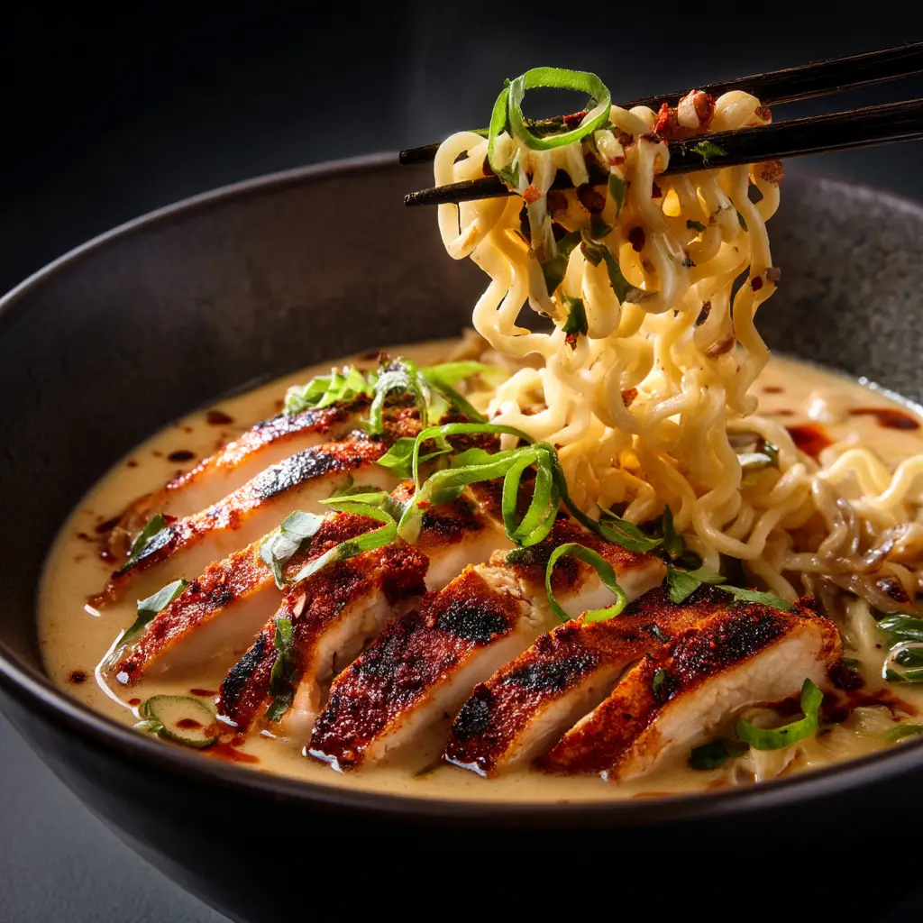 A bowl of Fiery Chicken Ramen garnished with a jammy egg, sliced green onions, and toasted sesame seeds, ready to be eaten.