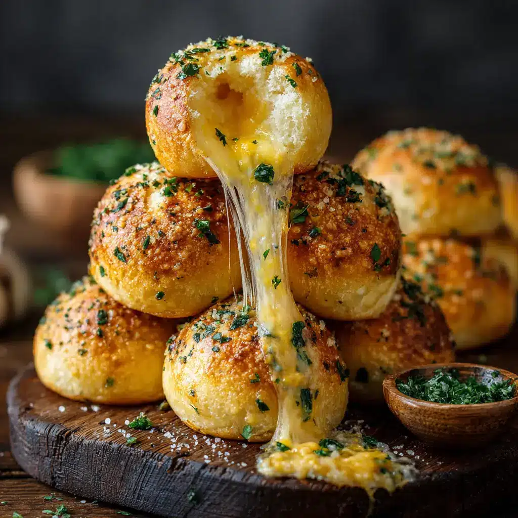 A stack of homemade garlic cheese bombs drizzled with garlic butter and herbs.