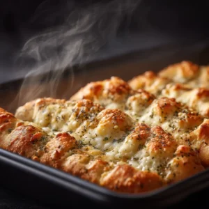A close-up macro shot of homemade garlic cheese bread, highlighting the melted mozzarella and parmesan cheese with herbs.