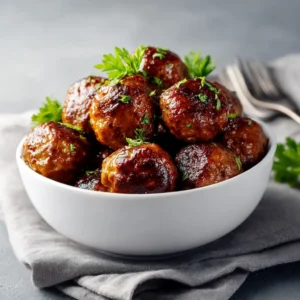 A close-up view of homemade meatballs being mixed in a bowl with breadcrumbs, herbs, and egg before being baked in the oven.