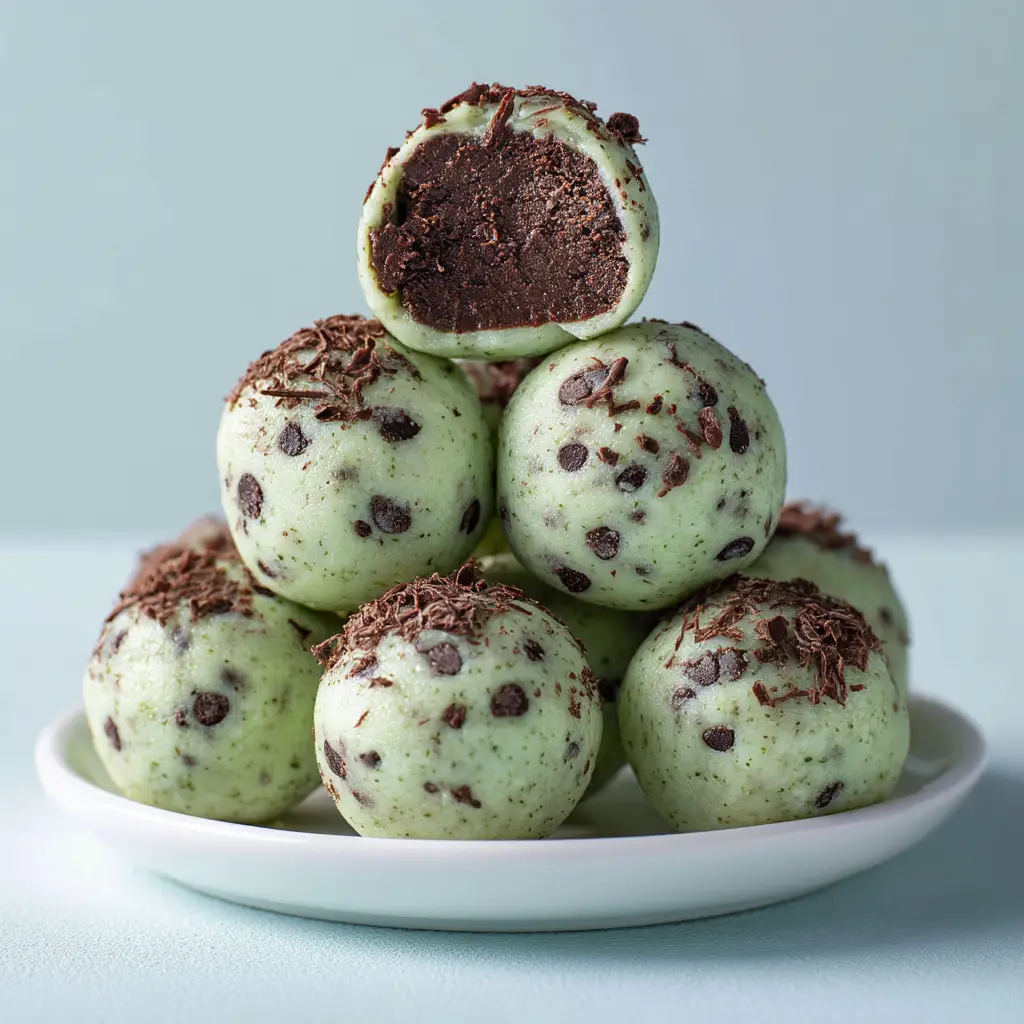 A batch of freshly rolled mint chocolate chip protein balls arranged neatly on a serving platter, ready to be chilled.