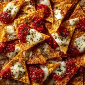 A close-up overhead shot of crispy homemade pizza crisps on a baking sheet, ready to be served. The cheese is perfectly melted and the pepperoni is crisp.
