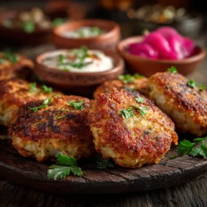 Several homemade Persian Kotlet patties arranged beautifully on a serving dish, ready to be eaten. A key part of any Iranian meat patty recipe.