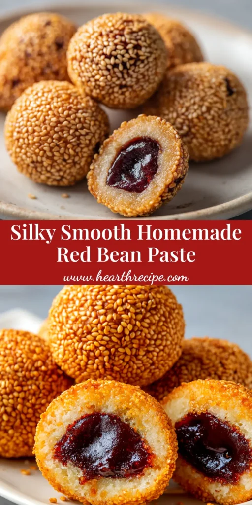 A close-up shot of rich, dark homemade red bean paste in a ceramic bowl with a wooden spoon, ready to be used in desserts.