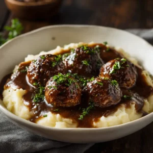 A close-up shot of homemade Salisbury Steak Meatballs being served over a bed of creamy mashed potatoes, showcasing the rich and savory gravy.