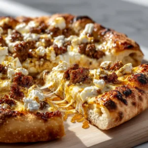 A top-down view of a fully assembled sausage feta honey pizza before baking, with all ingredients perfectly arranged on the dough.