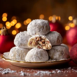 A close-up shot of several snowball cookies, highlighting their powdery texture and crumbly interior.