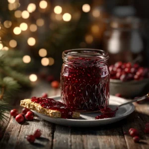 A festive still life showing jars of homemade spiced fruit jam, an essential part of any Christmas jam recipe. The background includes holiday decorations and fresh cranberries.