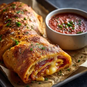A close-up shot of a sliced homemade stromboli, revealing the savory layers of melted cheese and pepperoni inside the golden crust.