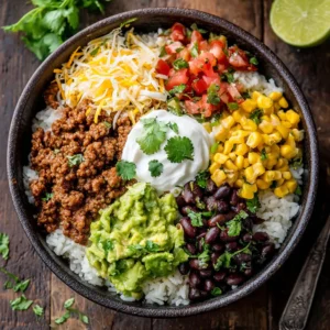 A close-up view of a homemade taco bowl with perfectly seasoned ground beef, crisp lettuce, and fresh toppings, illustrating a key step in the taco bowl recipe.