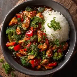 A close-up overhead view of chicken and vegetable stir fry being tossed in a skillet with homemade teriyaki sauce.